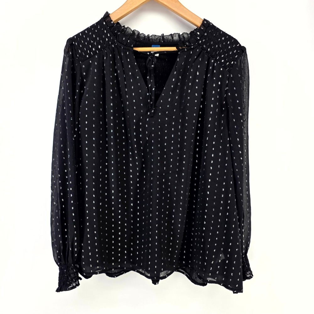 Old Navy Blouse Women XL Black Silver Metallic Clip Dot Smocked Peasant Top Boho